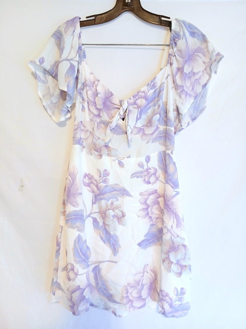 Forever 21 White Lavender Floral Puff Sleeve Lined Mini Dress M Cottagecore Boho - Picture 2 of 7